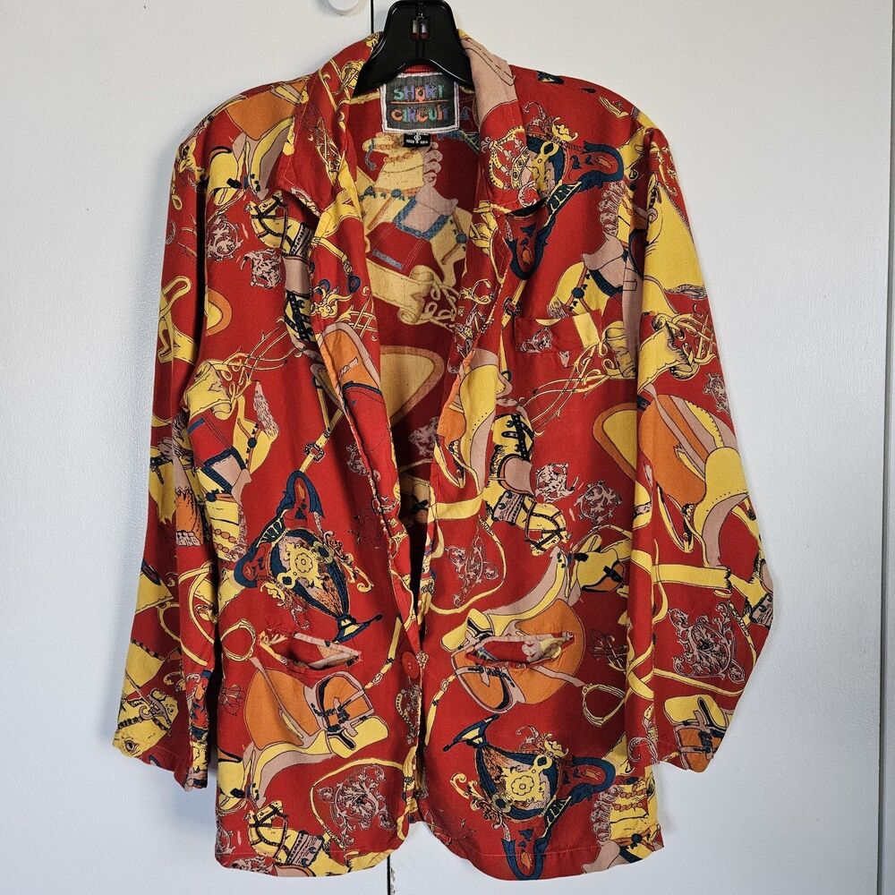 Vintage 90s Equestrian Scarf Print Blazer Red Gold Rayon Shirt Circuit Size L